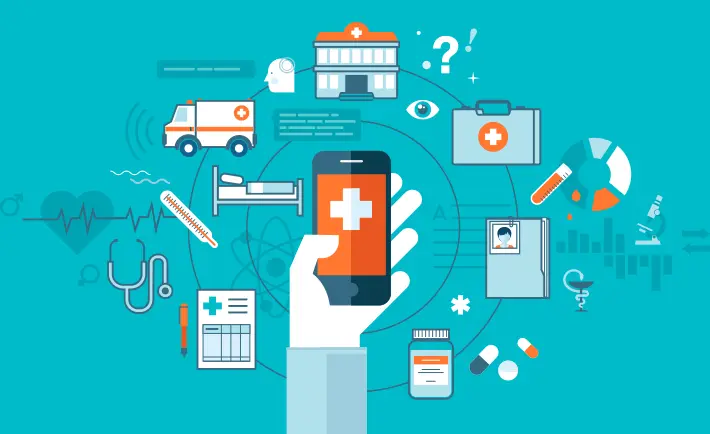 Ilustração com ícones de gestão, saúde e tecnologia sobre empreendedorismo hospitalar e farmacêutico.